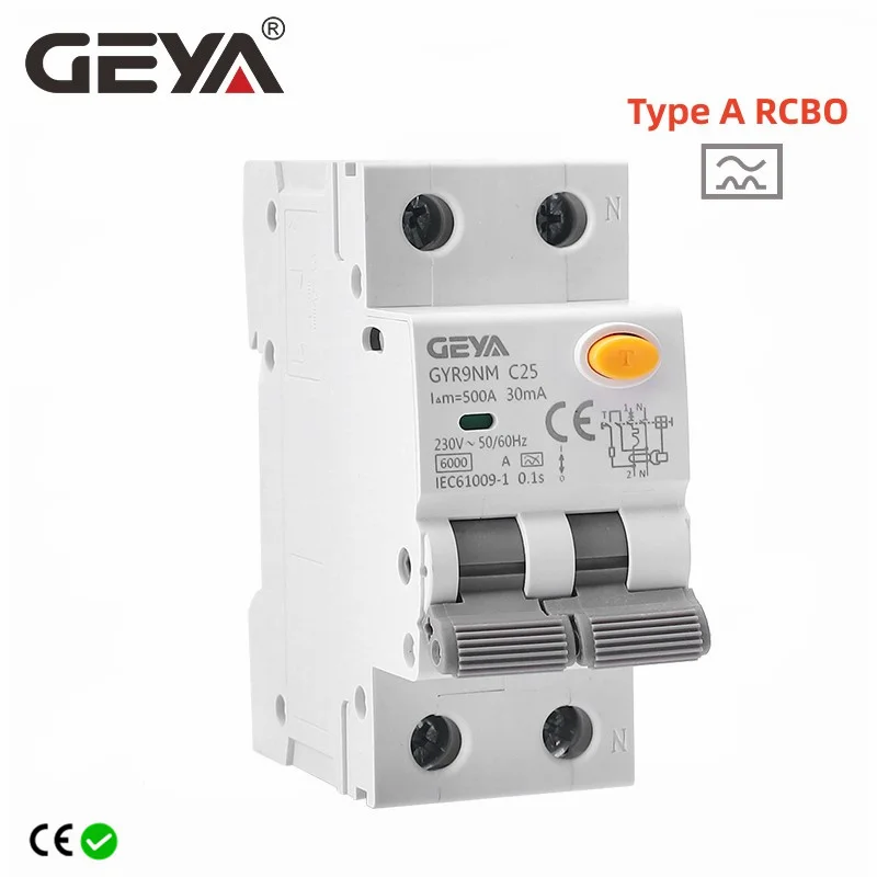 Магнитный автоматический выключатель остаточного тока GEYA GYR9NM типа A RCBO 2P 4P с защитой от перегрузки по току 10 А 16 А 25 А 32 А 40 А 30 мА