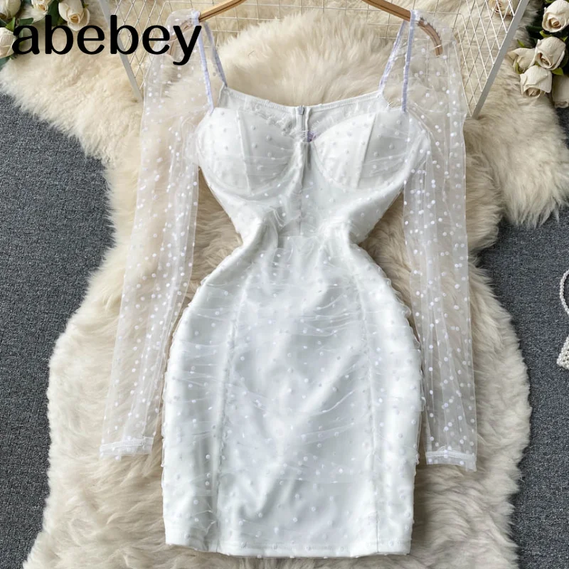

French Sweet Mesh Dot Dress Women Sexy Ruched Black White Club Party Dresses 2022 Spring Long Sleeve Slim Mini Dress