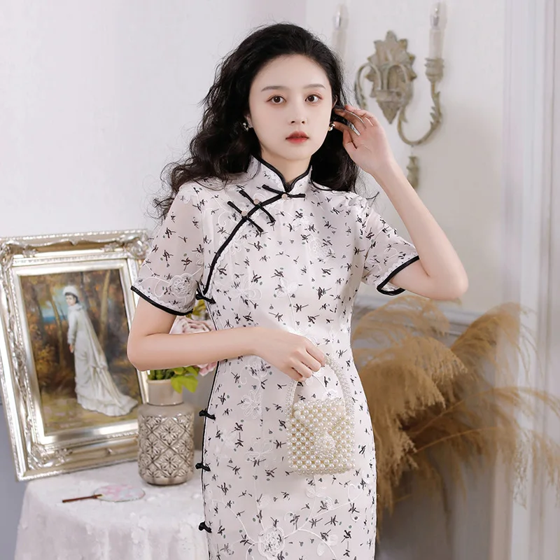 Pink Summer New Fashion Chiffon Cheongsam Floral Embroidery Short Sleeve Vintage Dress Elegant Qipao M To 3XL