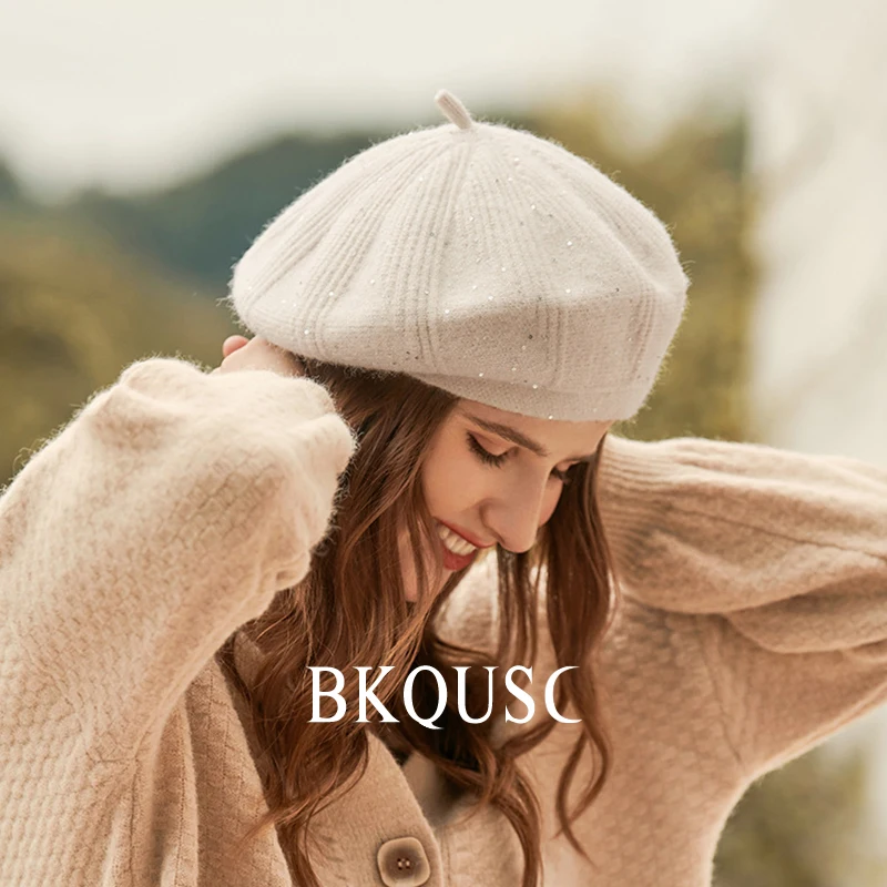 

Velvet Knitted Hats Women's Beret Painter Caps Female Hairy Woolen Hat Elegant Ladies Soft Velvet Warm Solid Color Knitted Beret
