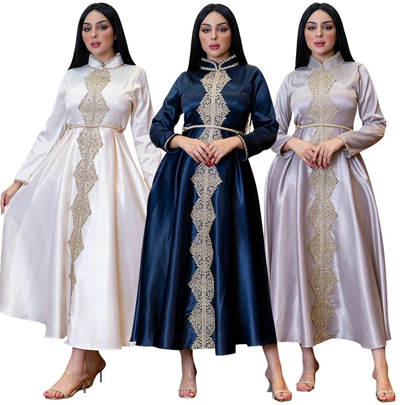 Satin Embroidery Abaya Dubai Turkey Muslim Dress Women 2022 Solid Color Tunic Eid Morrocan Kaftan With Gown Arabic Evening Dress