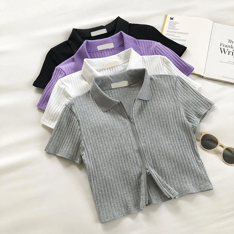 

Женская футболка-поло с коротким рукавом, однотонная универсальная базовая футболка-поло с двойной молнией, в рубчик, лето 2022