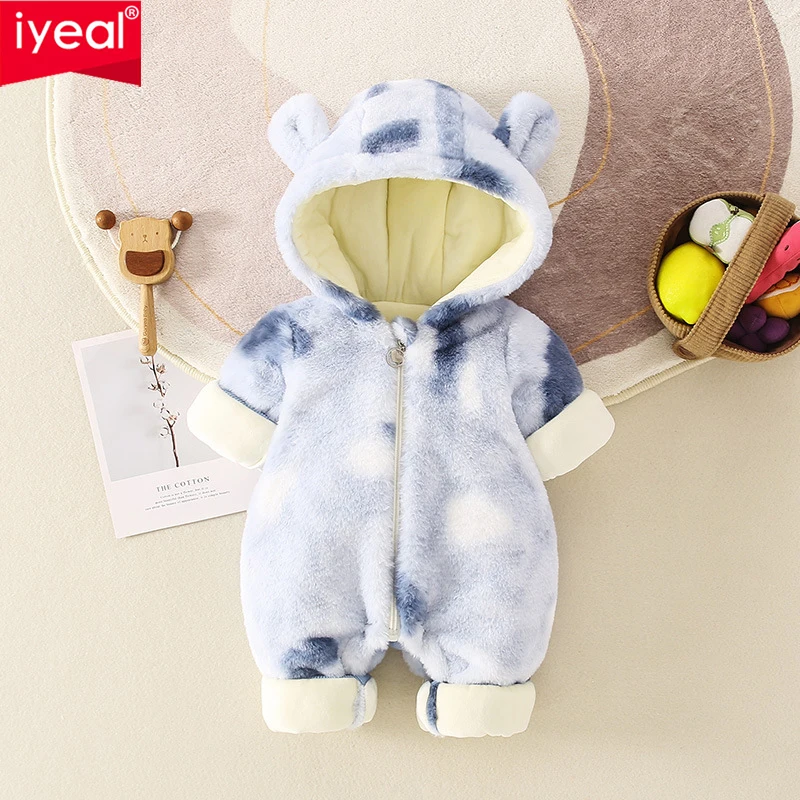 

IYEAL Newborn Baby Winter Hooded Plus Velvet Warm Jumpsuit Boys Snowsuit Toddler Outerwear Baby Girl Overalls Rompers