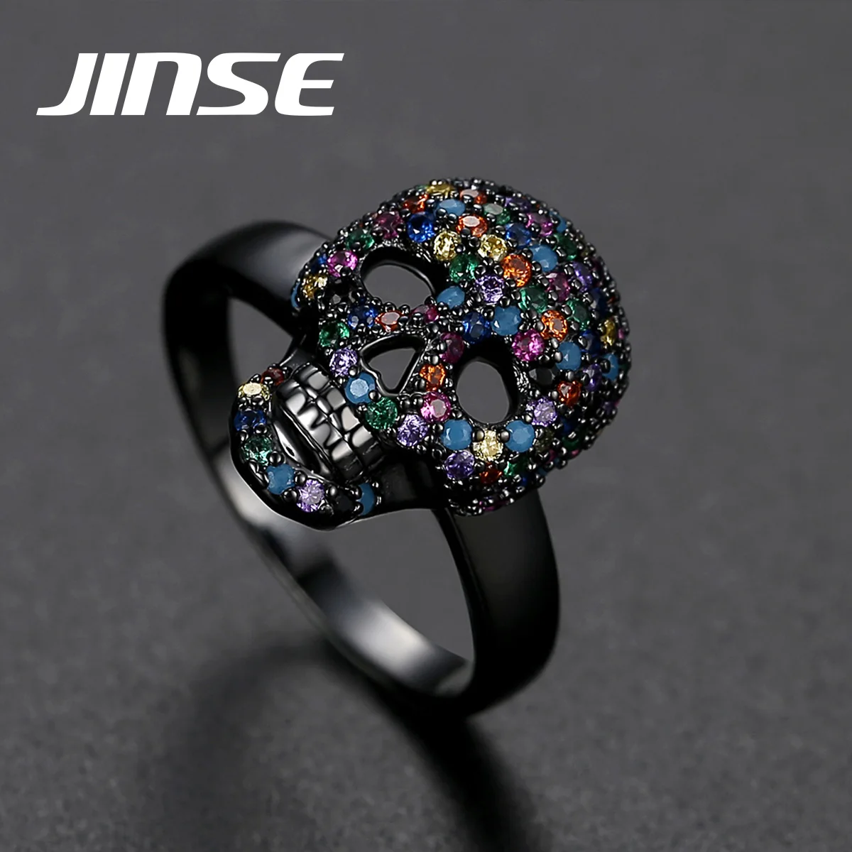 

JINSE Punk Colorful CZ Skeleton Devil Ring Black White Bling Zircon Skull Face Iced Rings For Men Fashio Biker Hip Hop Jewelry