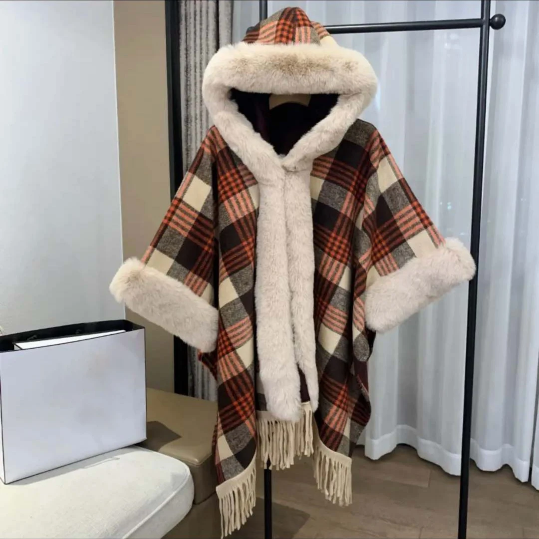 ZJZLL Новая модная черная Клетчатая Шерстяная накидка с меховым воротником