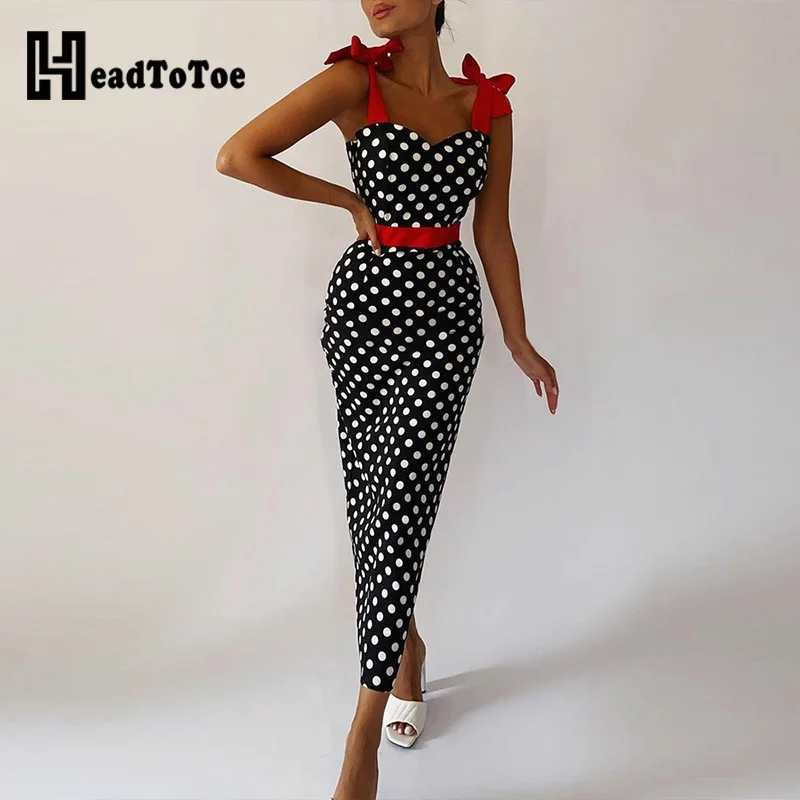 

Polka Dot Knot Shoulder Bodycon Dress Women Sleeveless Sweetheart Neck Long Dresses