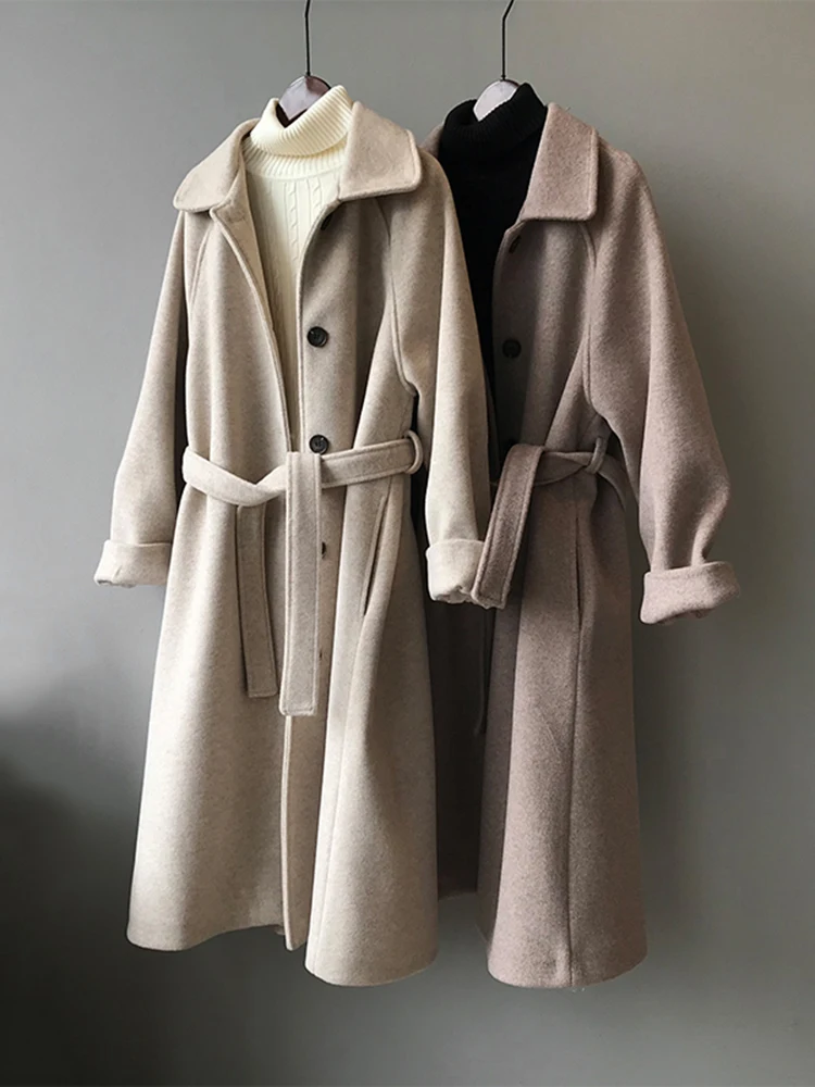 QOERLIN Wool Overcoat Women Winter Thick Warm Long Coat with Belted 2023 Long Cardigan Pocket Single-Breasted Long Sleeve Coat