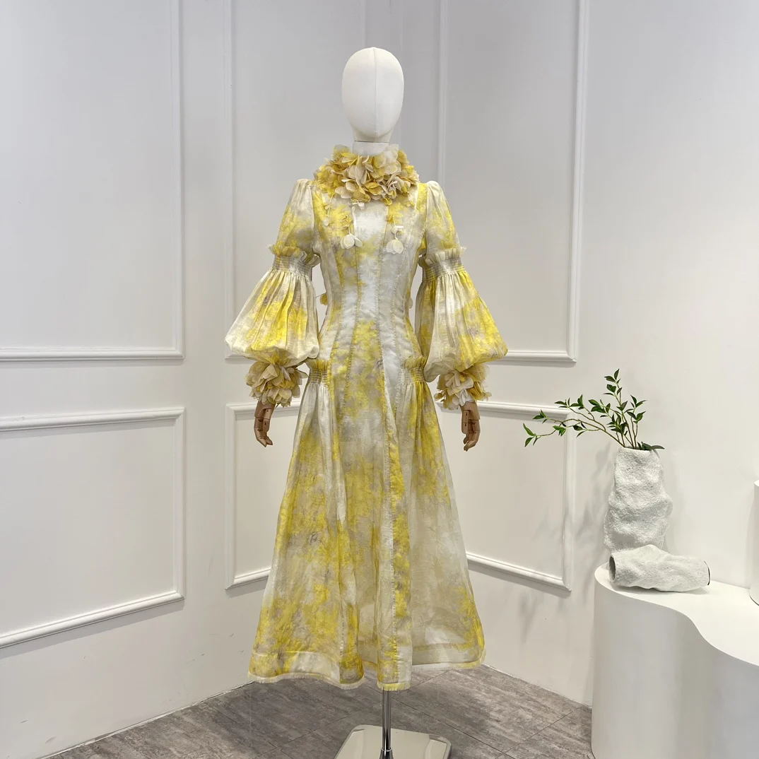 

Высококачественное желтое платье-миди с аппликацией из шелка и льна, классический дизайн, модное женское платье-миди с длинным рукавом для отдыха