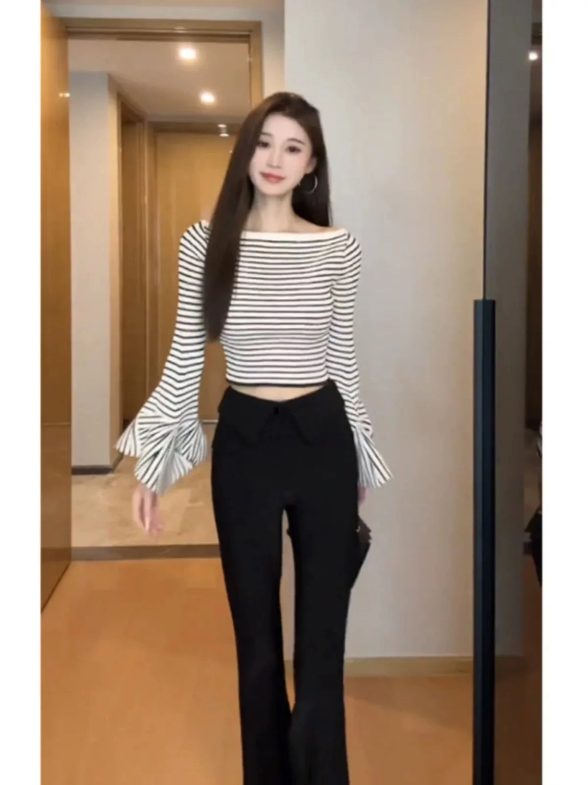 Женская вязаная осенняя блузка топы с разрезом на шее полосатые рубашки