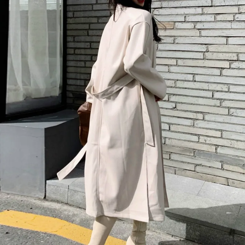 2023 Autumn and Spring Fashion Cool PU Leather Mid-length Jacket Women's New Loose Belt PU Leather Slim Fit Windbreaker