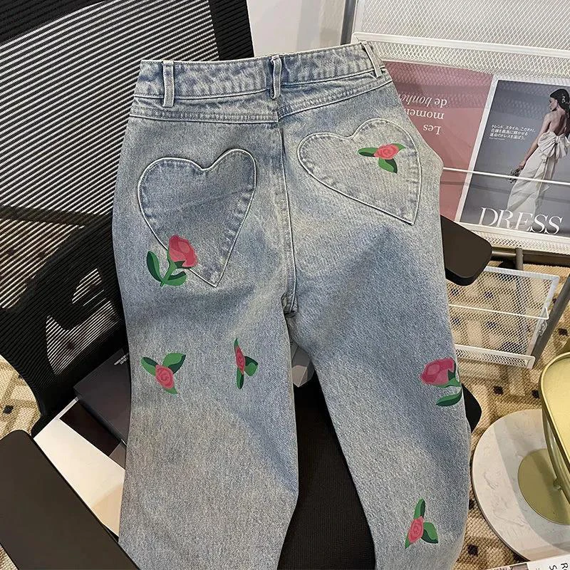 

New Summer Jeans Women Preppy Vintage Rose Print Love Pocket Denim Trousers Casual Washed Loose Straight Wide Leg Pants Female