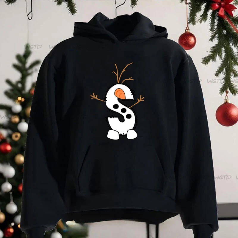 Cute Snowman 26 Christmas Alphabet Hoodie Women Long Sleeve Y2K Hoodies Party Clothes Surname First Letter A-Z Hooded