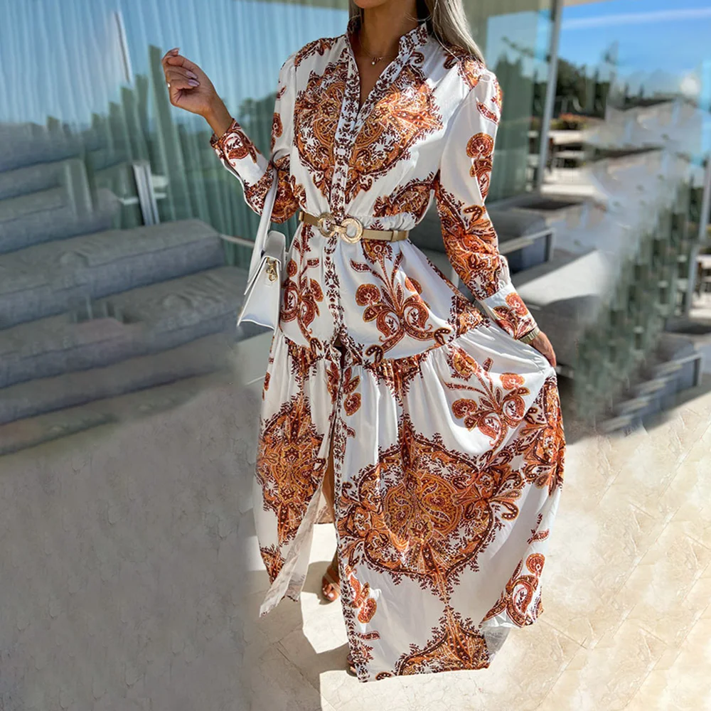 

2023 Autumn Women Retro Print Beach Maxi Dress Bohemian Style Fashion Long Sleeve V-Neck High Waist Flared Party Vacation Dress