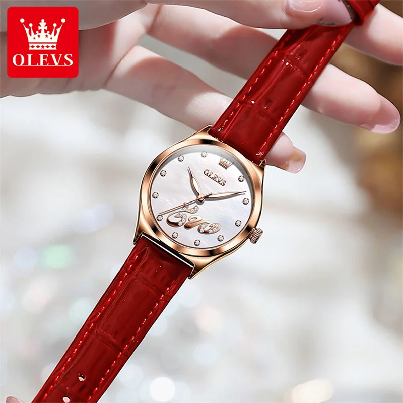 OLEVS Watch Women Diamond Leather Quartz Wristwatch Waterproof Luminous Rose Gold Red Ladies Watches Girlfriend Gift reloj mujer enlarge