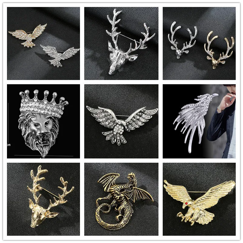 

Vintage Animal King Lion Brooch Crystal Eagle deer Crown Lapel Pin for Men Suit Shirt Collar Pins Brooches Jewelry Accessories