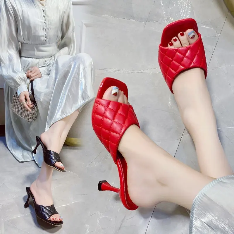 

Женские босоножки на высоком каблуке, женские шлепанцы на высоком каблуке, квадратный носок, тонкий каблук, модные женские мюли, 2022