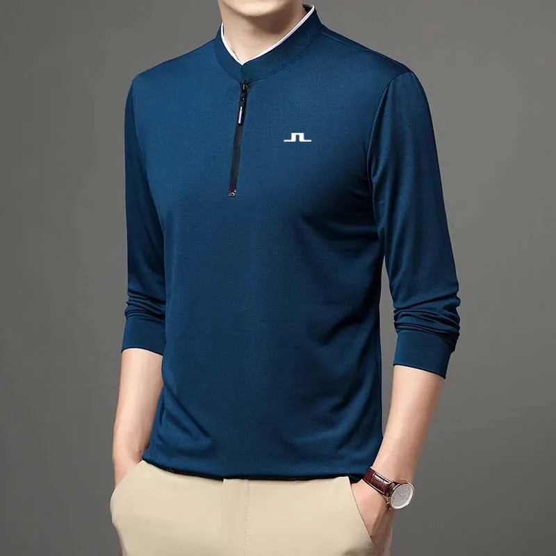Men's Golf Polo Zipper Spring Clothes Men For T-shirt Long Sleeve Casual Everyday Versatile Wear Solid Color Cotton Top Hiking