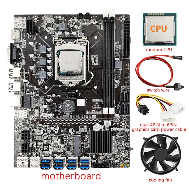 B75 8 GPU BTC Mining Motherboard+CPU+Fan+Power Cable+Switch Cable 8 USB3.0 To PCIE Slot LGA1155 DDR3 RAM SATA3.0 For ETH