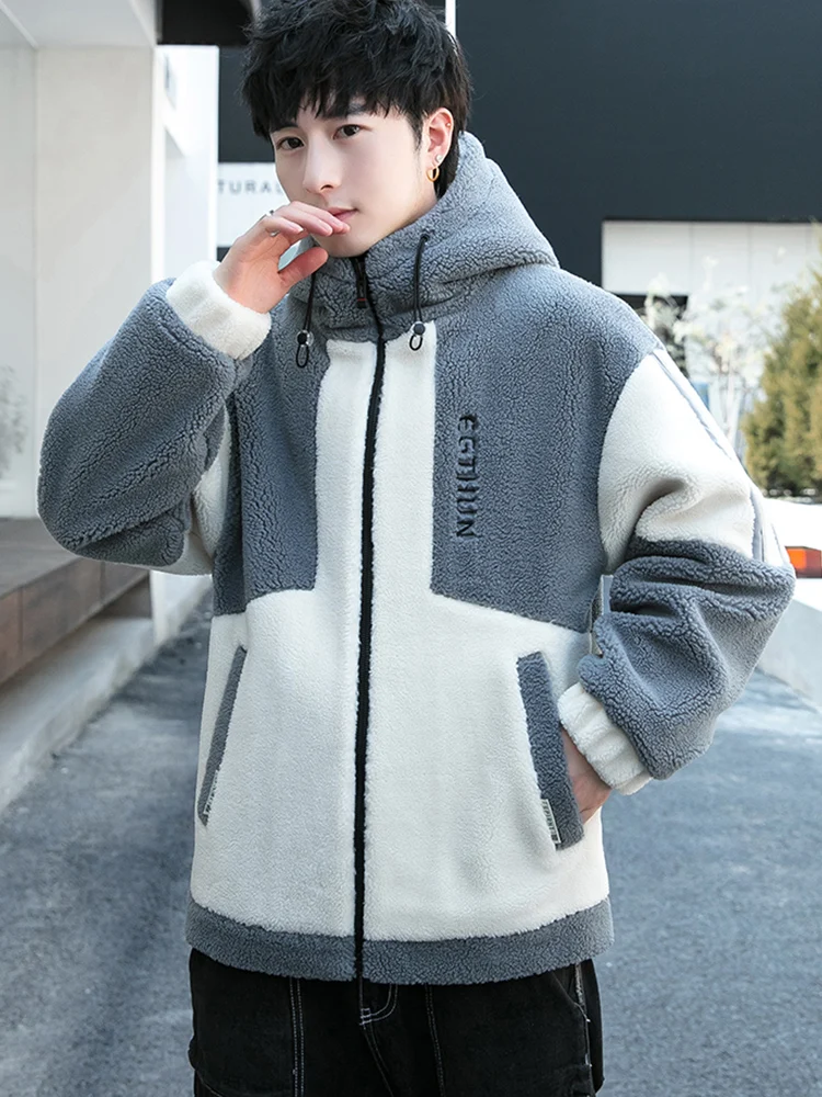 2024 Autumn and Winter New Contrast Color Men's Hooded Polar Fleece Cotton-Padded Coat Student Warm Lambswool C...