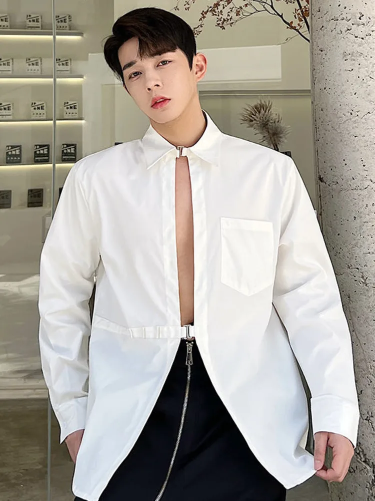 SYUHGFA 2022 Spring Turn Down Collar Long Sleeve Shirt For Men Adjustable Metal Button Loose Casual Tops Clothing |