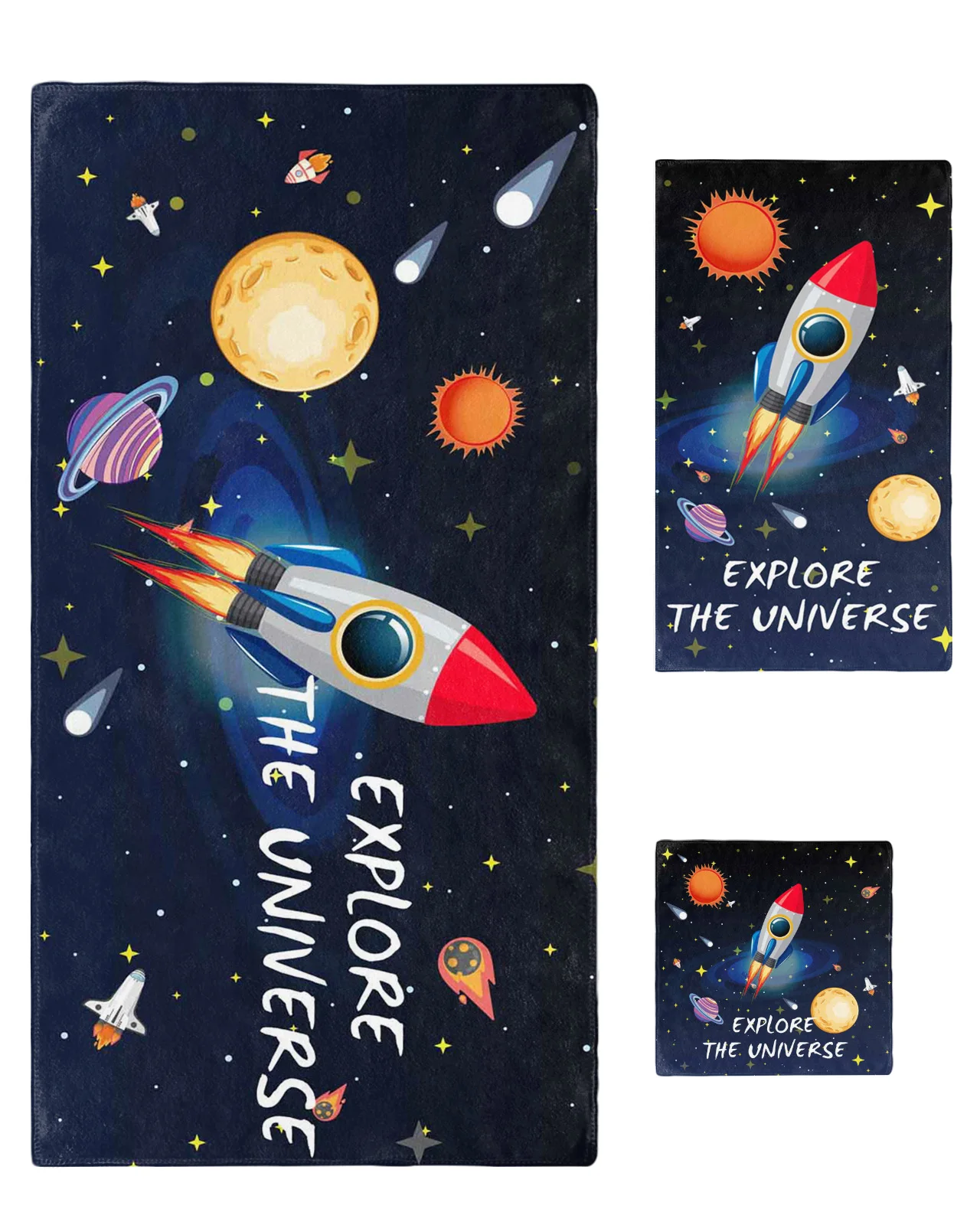 

3pcs Bathroom Towel Set Space Universe Planet Rocket Bath Towel For Adults Face Hand Towels Washcloth Travel Sport Towel