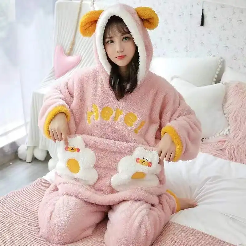Winter Women Hooded Pajama Sets Cute Rabbit Sleepwear Home Clothing Flannel Thicken Warm Lounge Long Sleeve Home Wear