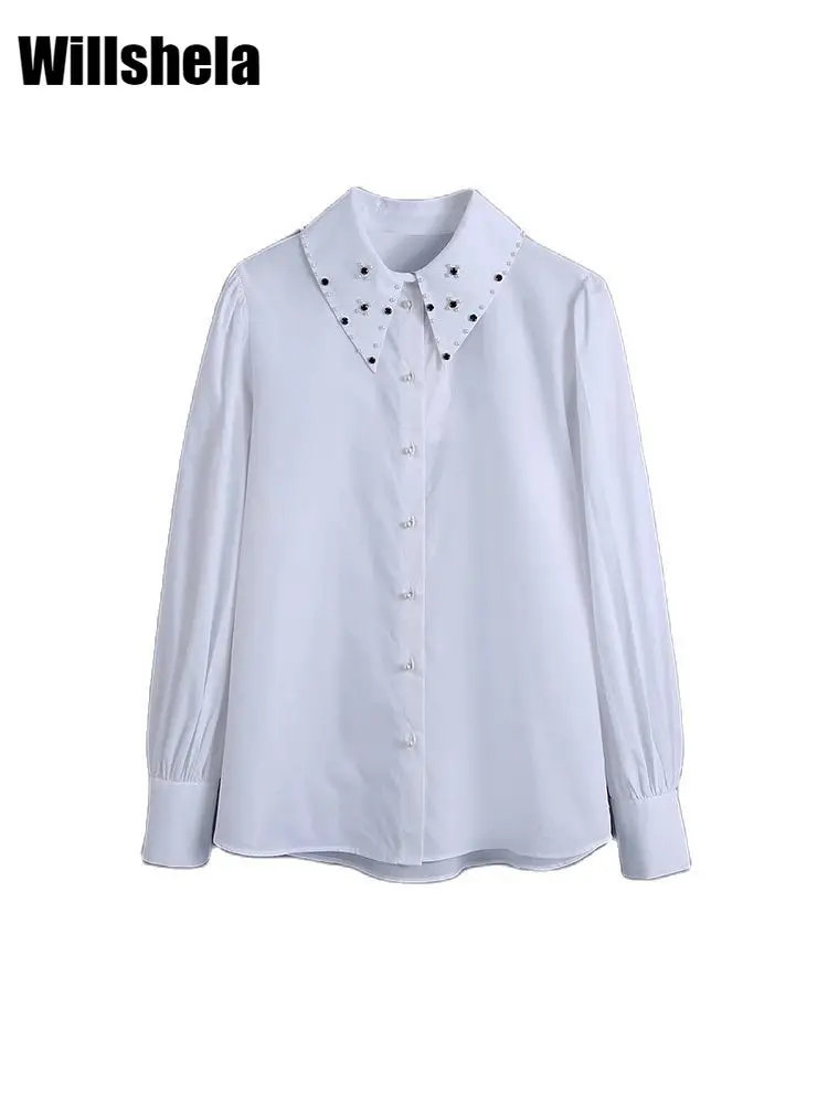 

Willshela Женская модная однотонная однобортная блузка в винтажном стиле с отворотом и длинными рукавами, женские шикарные рубашки