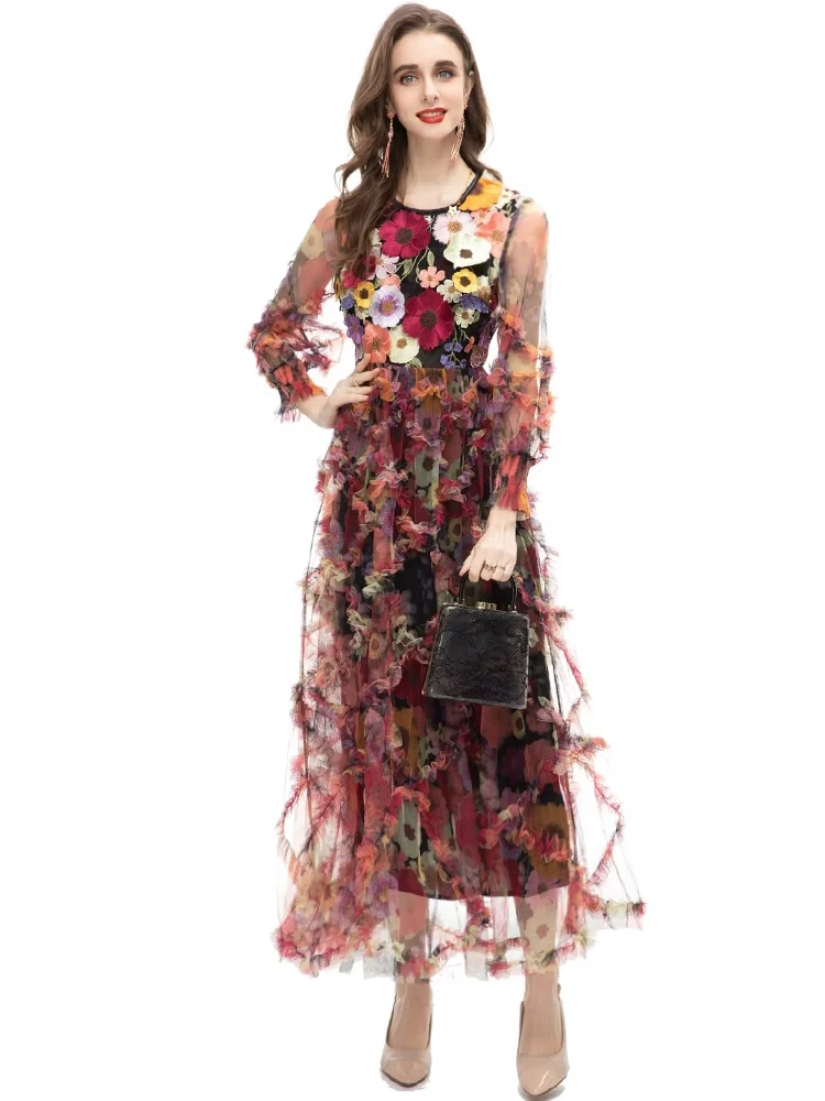 

Женское длинное Сетчатое платье с вышивкой, повседневное винтажное платье знаменитости, весна