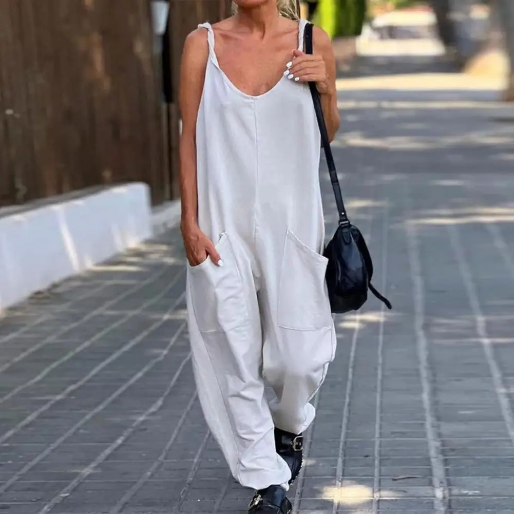 

Fade-resistant Women Jumpsuit Stylish Women's Sling V-neck Jumpsuit with Big Pockets Wide Leg Solid Color Chic for Streetwear