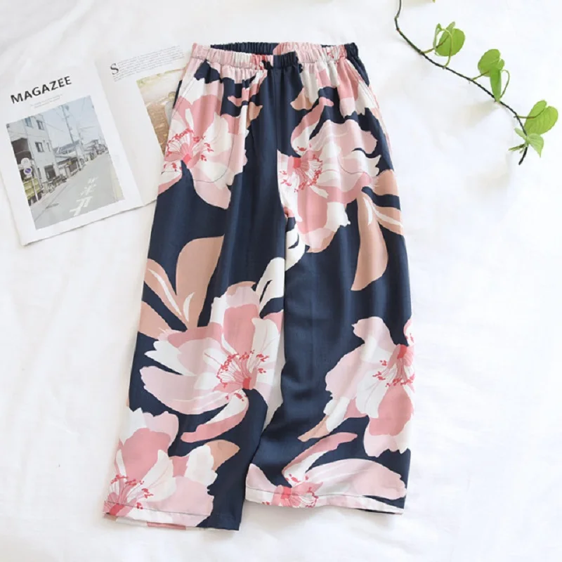 Spring New Wide Leg Cropped Trousers Women Cool Loose Rayon Homewear Ladies Large Size Pajamas Pants With Pockets