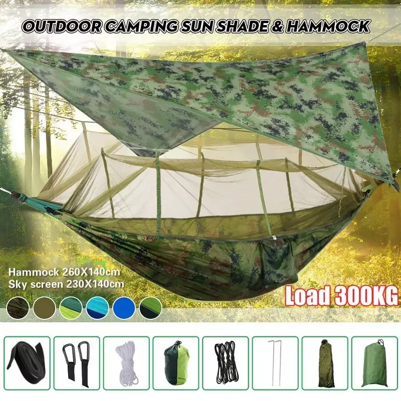 

2023NEW Portable Camping Hammock and Tent Awning Rain Fly Tarp Waterproof Mosquito Net Hammock Canopy 210T Nylon Hammocks