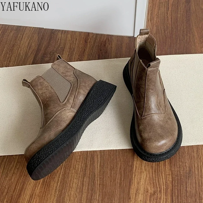 

Mori Girl Literary Vintage Wide Foot Big Toe Shoes Thick Sole Heightened Casual Chelsea Short Boots College Style Ankle Boots