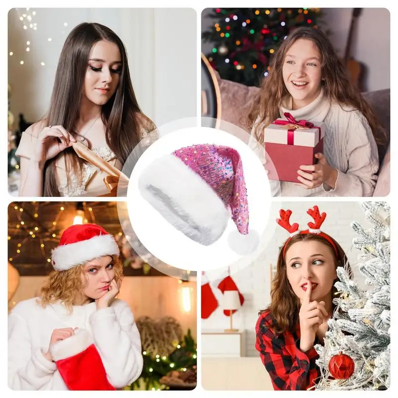 Шапка Санта-Клауса с блестками Рождественская шапка блестящими пайетками и