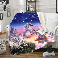 white horse unicorn pattern flannel blanket bed waterfall sunset sofa decoration soft coverlet soft warm blanket