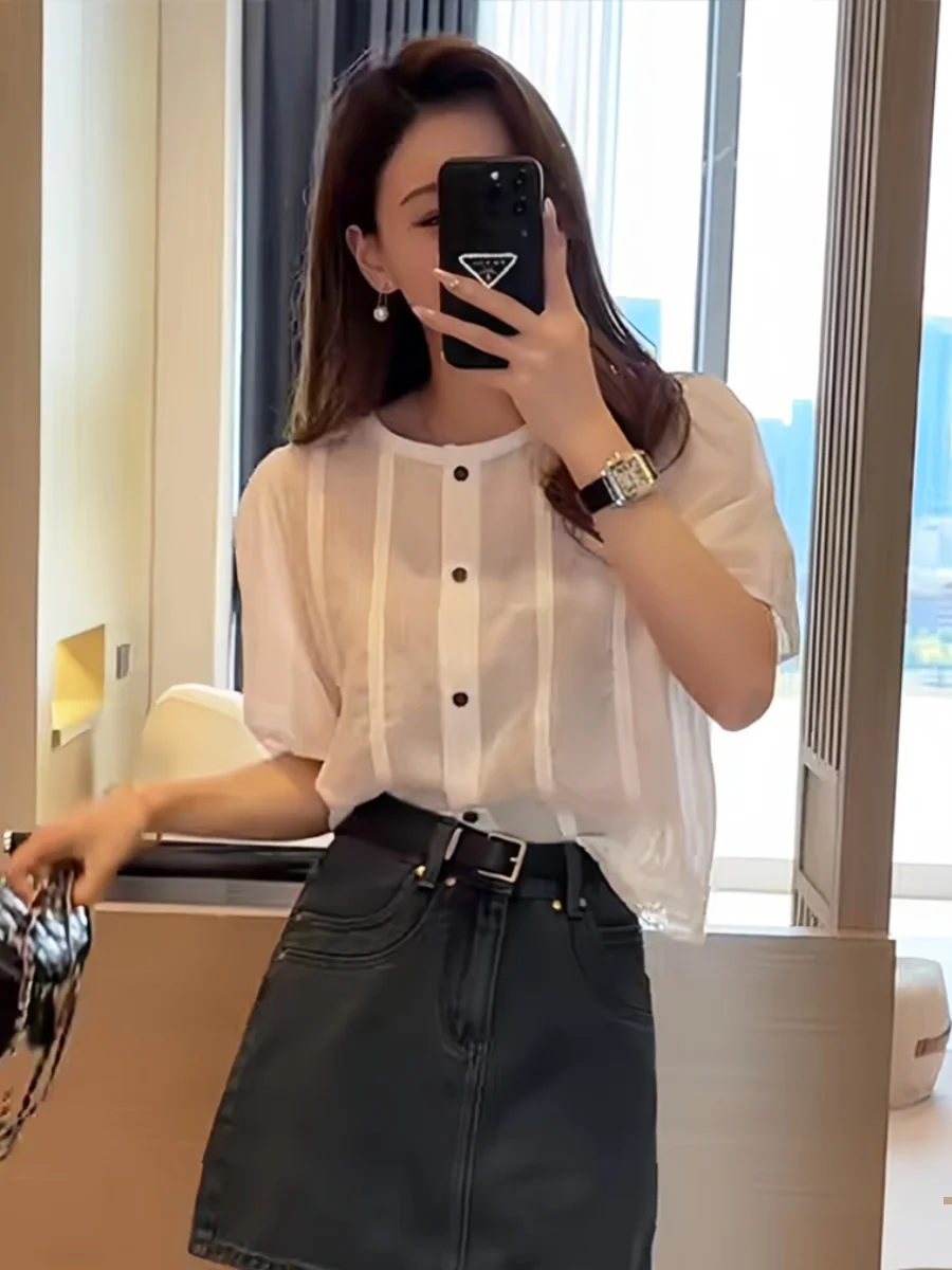 Женская рубашка с коротким рукавом элегантная однобортная свободная