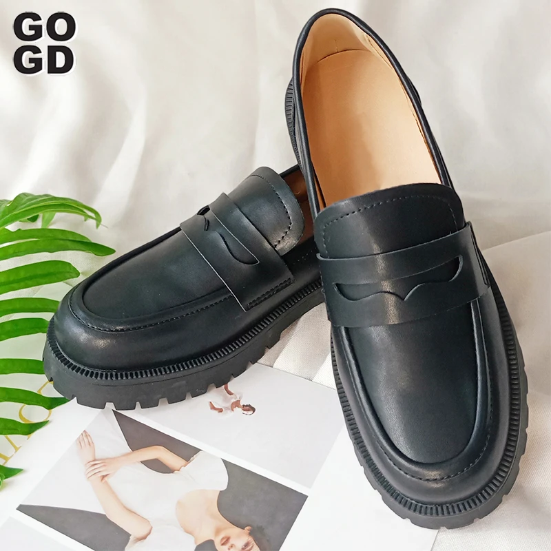 GOGD Brand Women Genuine Leather Loafers Shoes 2022 Autumn Fashion Platform Slip-On Pumps White Big Size 42 Office Lady Flats