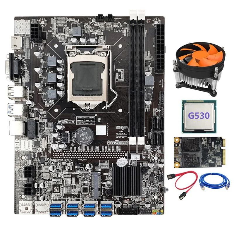 

B75 BTC Mining Motherboard LGA1155 8GPU PCI-E USB G530 CPU+RJ45 Network Cable+Cooling Fan+MSATA SSD 128G Bitcoin Miner