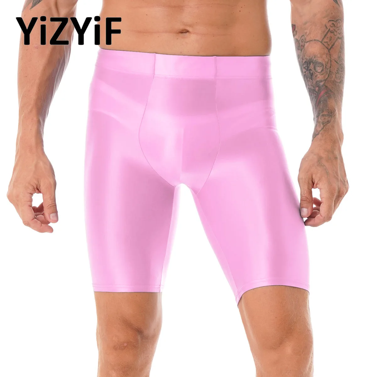 

Mens Sissy Glossy See-though Short Leggings Solid Oil Shiny Smooth Compression Truck Shorts for Sport Fitness Gym Swimming