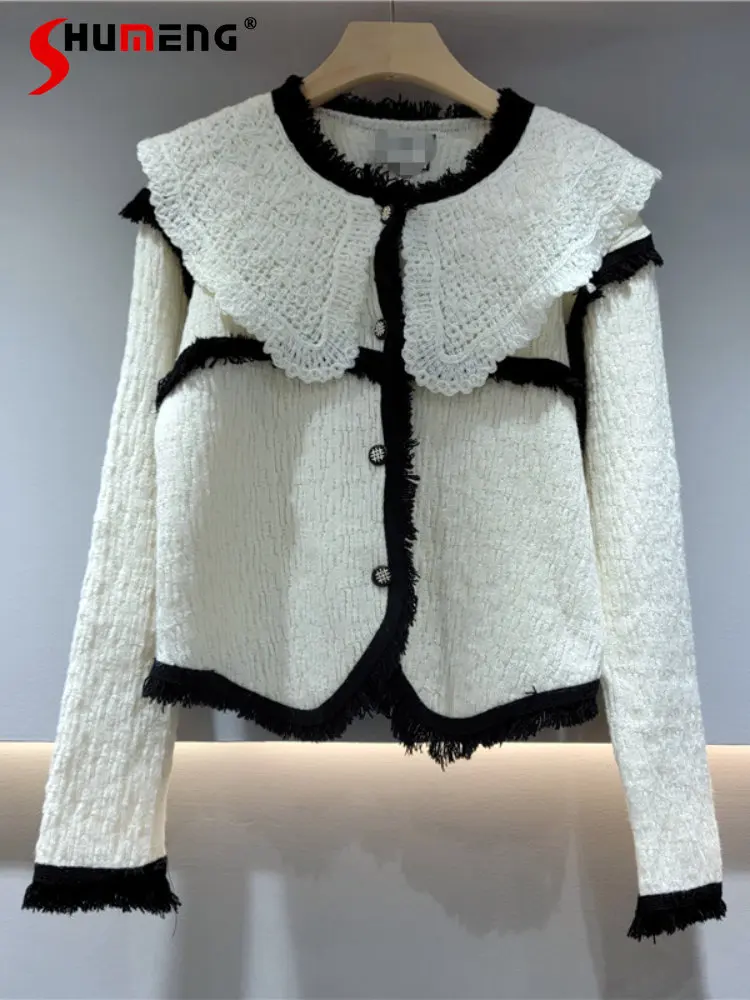 

High-Grade Woman's Stitching Doll Collar Tassel Sweater 2022 Fall Temperament Long Sleeve Single-breasted Knitted Coat for Women