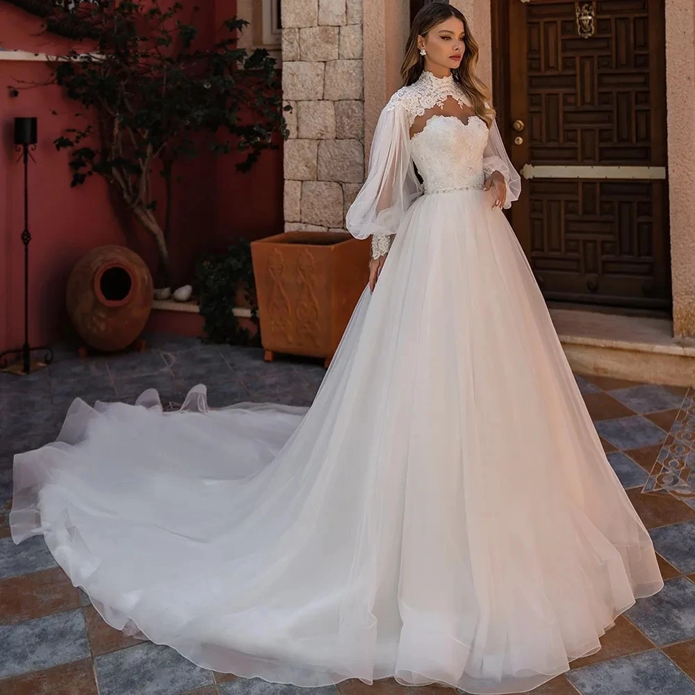 

Сдержанное свадебное платье с высоким воротником и длинным рукавом, классическое платье с аппликацией для невесты, изящное ТРАПЕЦИЕВИДНОЕ длинное свадебное платье, платье для невесты