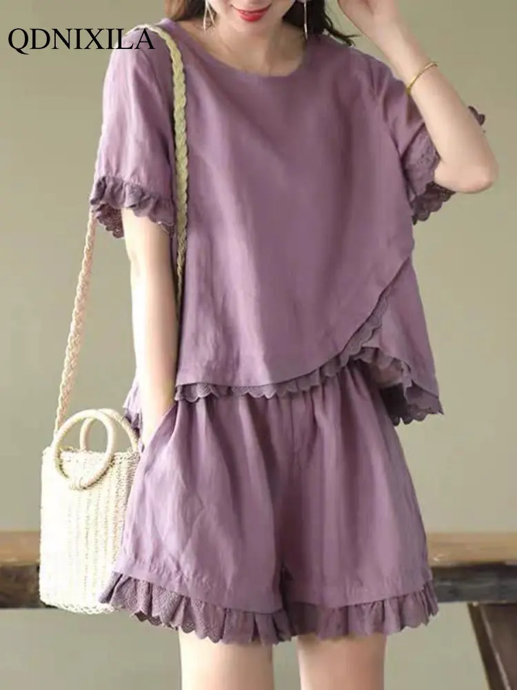 

Women's Summer Cotton Linen Shorts Suit Korean New In Matching Sets Fashion Casual Short Sleeve Top Wide Leg Shorts 2 Piece Sets