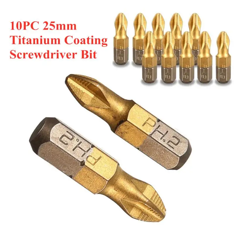 

10Pc Household Accessories Tools 1/4" Titanium Coated Anti Slip Phillips Hex Shank PH2 Screwdriver Bit 25mm with Magnetic Bit