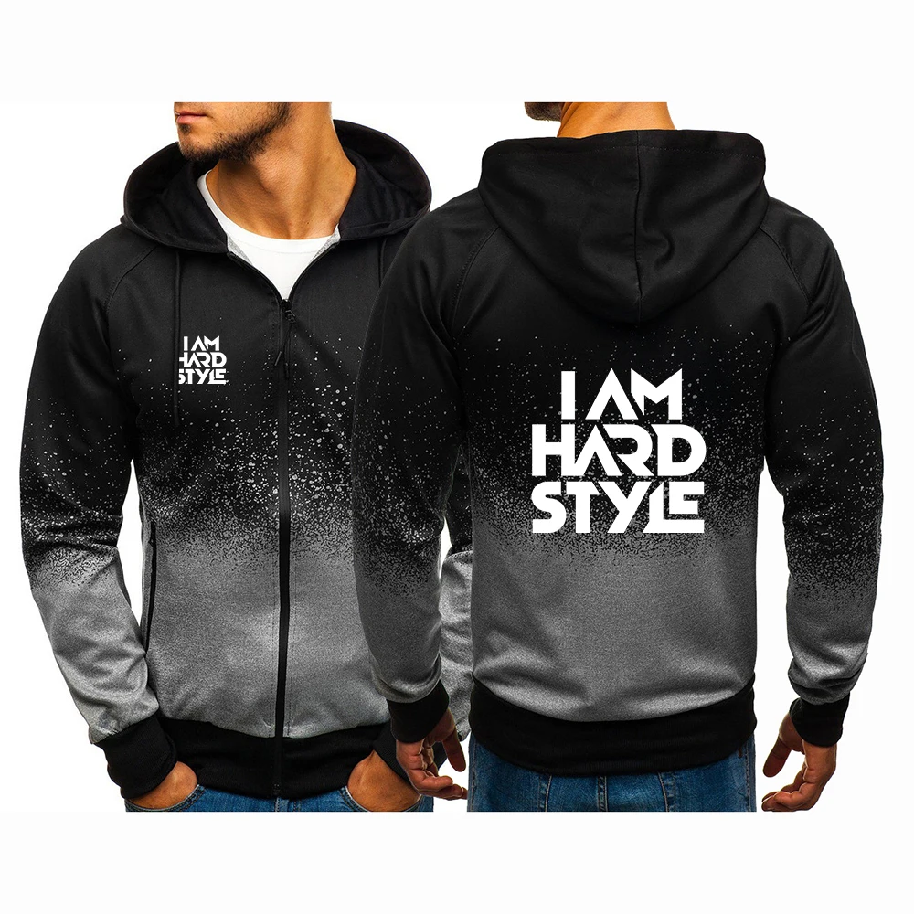 

2023 New Spring Autumn I Am Hardstyle Logo Print Long Sleeve Gradient Color Sweatshirts Men's Harajuku Zip Popular Hooded Jacket