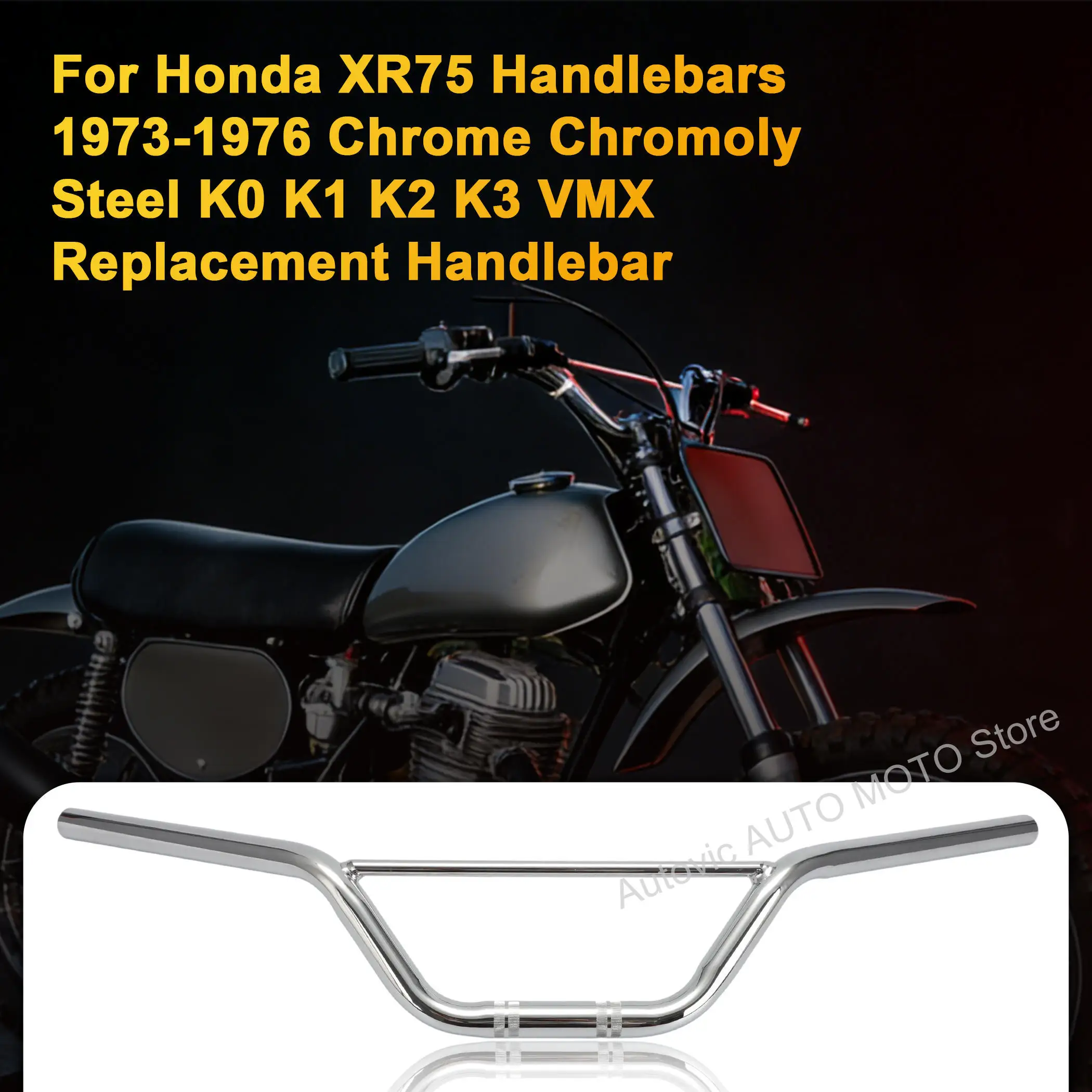 Фото Руль хромированный винтажный для мотоциклов Honda XR75 XR 75 K0 K1 K2 K3 1973-1976, стальной, 53100-116-000 №3