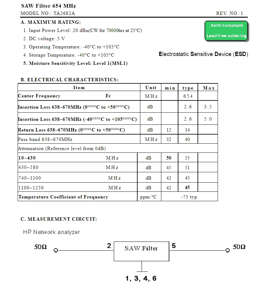 10 шт. TA2682A код 2682 новый оригинальный фильтр SMD SAW 654 МГц в упаковке