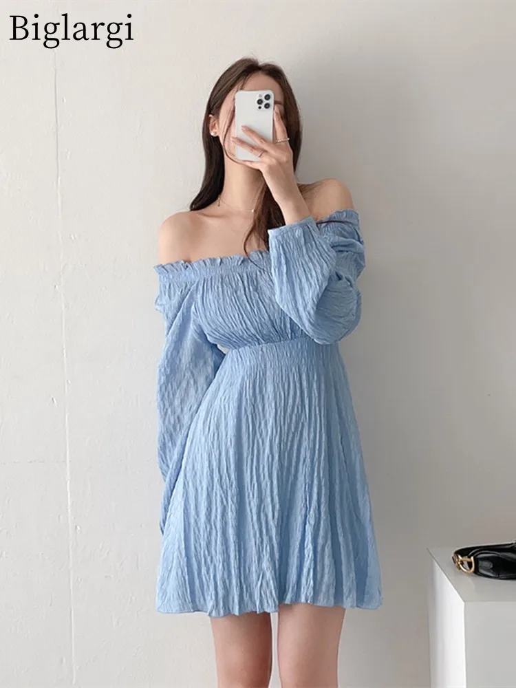 

Spring Summer Straight Neck High Waist Long Sleeve Mini Dress Women Grace Korean Casual Ladies Dresses Womens Chic Mini Dress