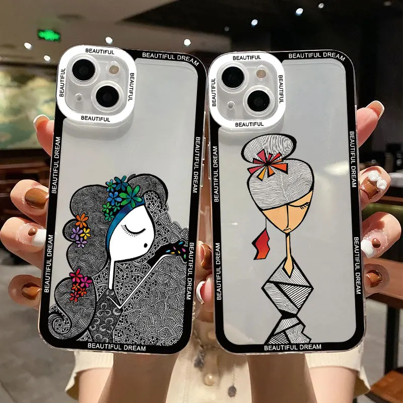 

Clear Phone Case for iPhone X XR XS SE2020 14 13 12 11 Pro Max 7 8 Plus Abstract Geometric Art Line Women Face Transparent Cover