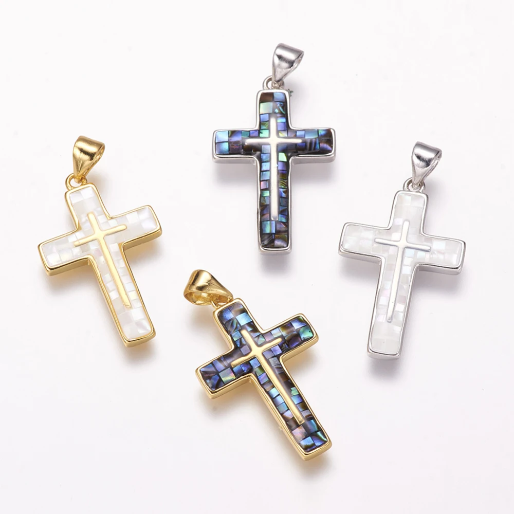 

5pcs Freshwater Shell Cross Pendants for DIY bracelet necklace jewelry making Decor Mix Color,with Brass Findings, 26x16x2.5mm