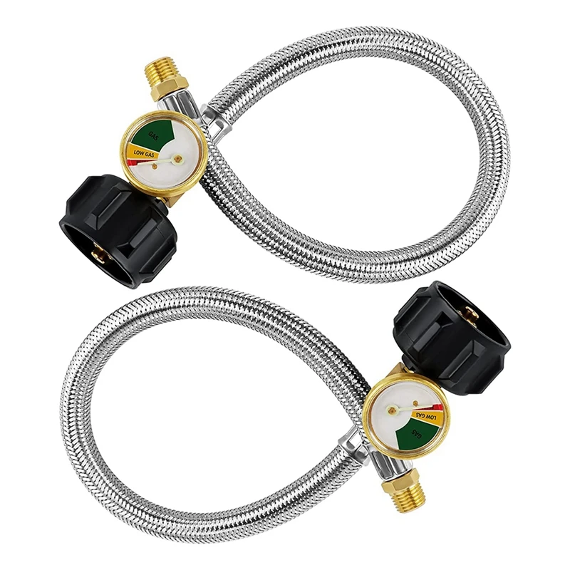

2 Pack 15 Inch RV Propane Hose RV Propane Hose With Gauge For 5-40Lb Tanks - Stainless Braided Propane Hose Quick Connect