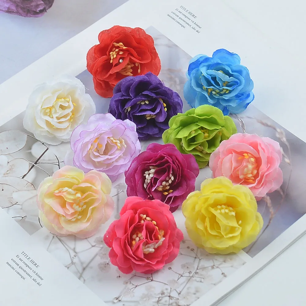 80pcs 4.5CM Silk Small Artificial Peony Flower Heads For Home Wedding Decoration Scrapbooking DIY Gift Box Fake Flowers Craft